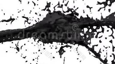美丽的喷泉黑色液体，如油溅，喷泉3D白色背景与阿尔法哑光。 油漆流是